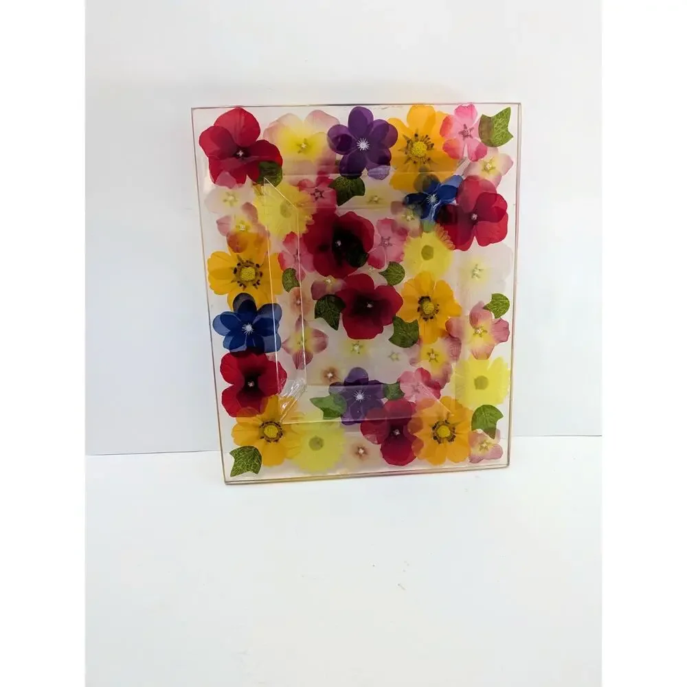 Vintage Acrylic Lucite Tray With Multicolored Flowers 12” X 10” Vintage Summer